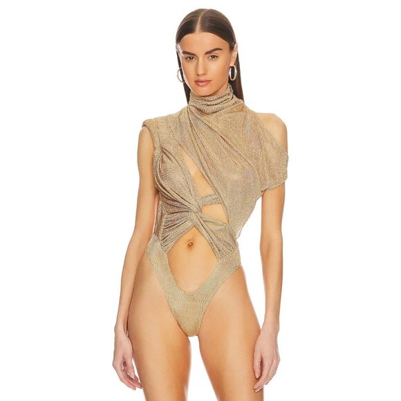 LaQuan Smith Hand Draped Geometric Bodysuit in Gold - Picture 2 of 5